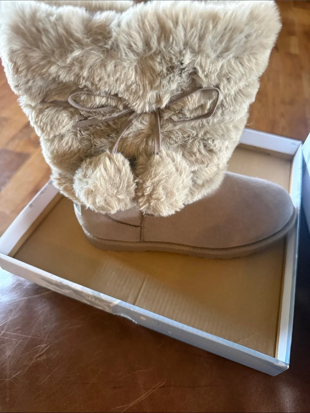 Kids Faux-Fur Pom Slip-On Boots - Taupe